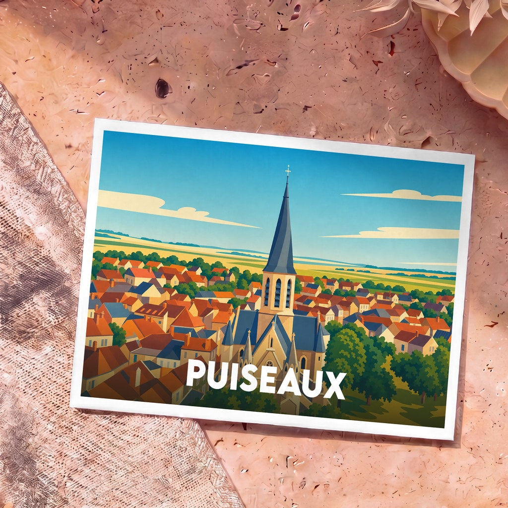 Carte postale souvenir de la ville de Puiseaux illustrant son église et ses toits colorés dans un style graphique épuré.