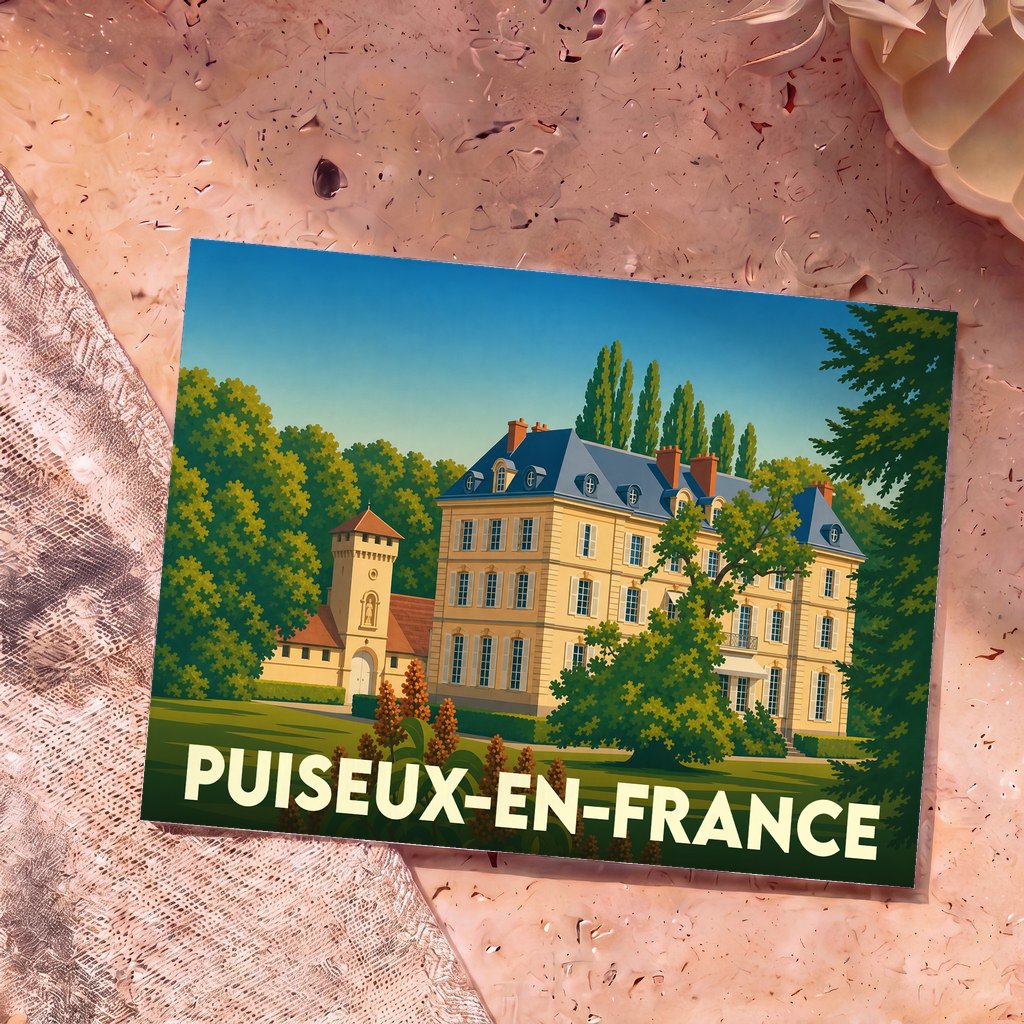 Carte postale souvenir de la ville de Puiseux-en-France avec une illustration stylisée d'un château.