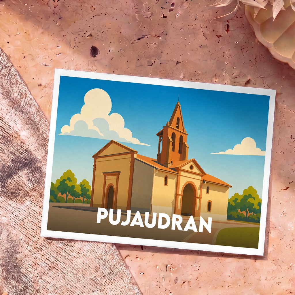 Carte postale souvenir de la ville de Pujaudran avec une illustration stylisée de son église.