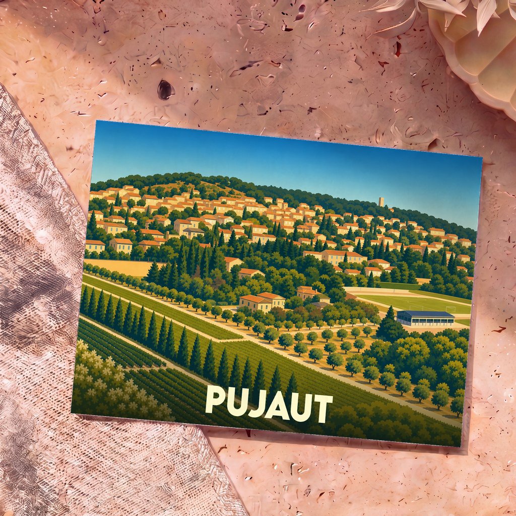 Carte postale souvenir de la ville de Pujaut illustrée d'un paysage provençal stylisé avec ses vignes et ses habitations.