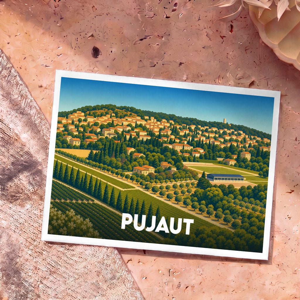 Carte postale souvenir de la ville de Pujaut arborant une illustration stylisée et colorée de ses paysages provençaux.