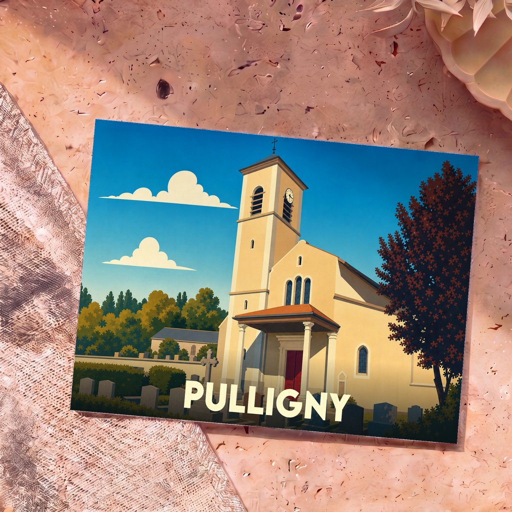 Carte postale souvenir de la ville de Pulligny arborant une illustration stylisée de son église et de son cimetière.