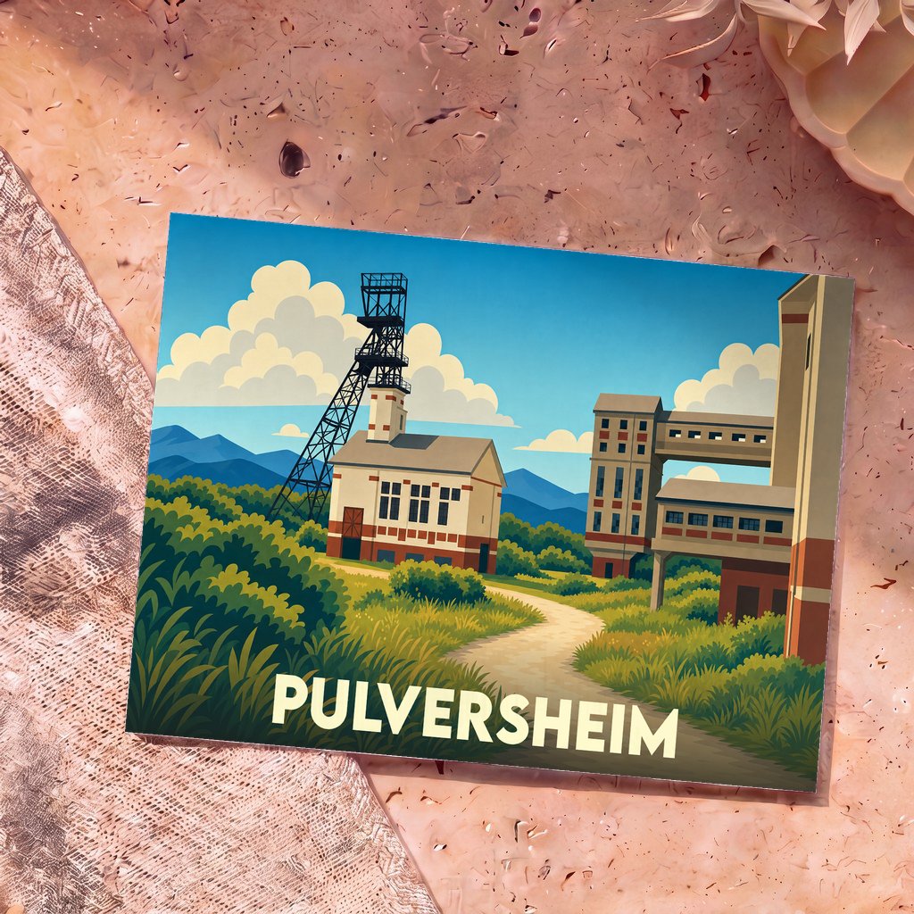 Carte postale souvenir de la ville de Pulversheim avec une illustration stylisée d'un ancien site minier.