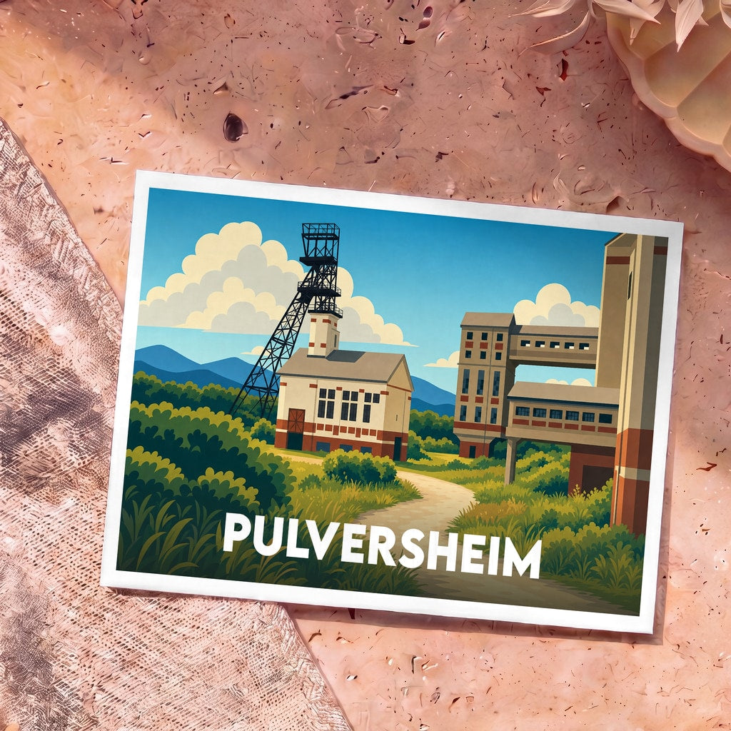 Carte postale souvenir de la ville de Pulversheim avec une illustration stylisée d'un ancien site minier.