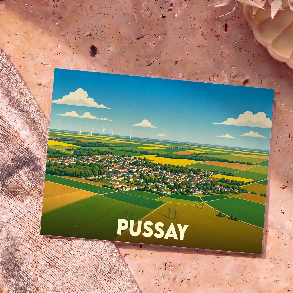 Carte postale souvenir de la ville de Pussay avec une vue aérienne illustrée et colorée.