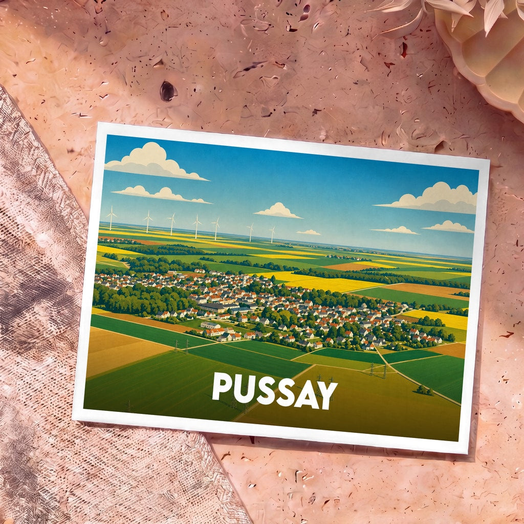 Carte postale souvenir de la ville de Pussay avec une vue aérienne illustrée et colorée.