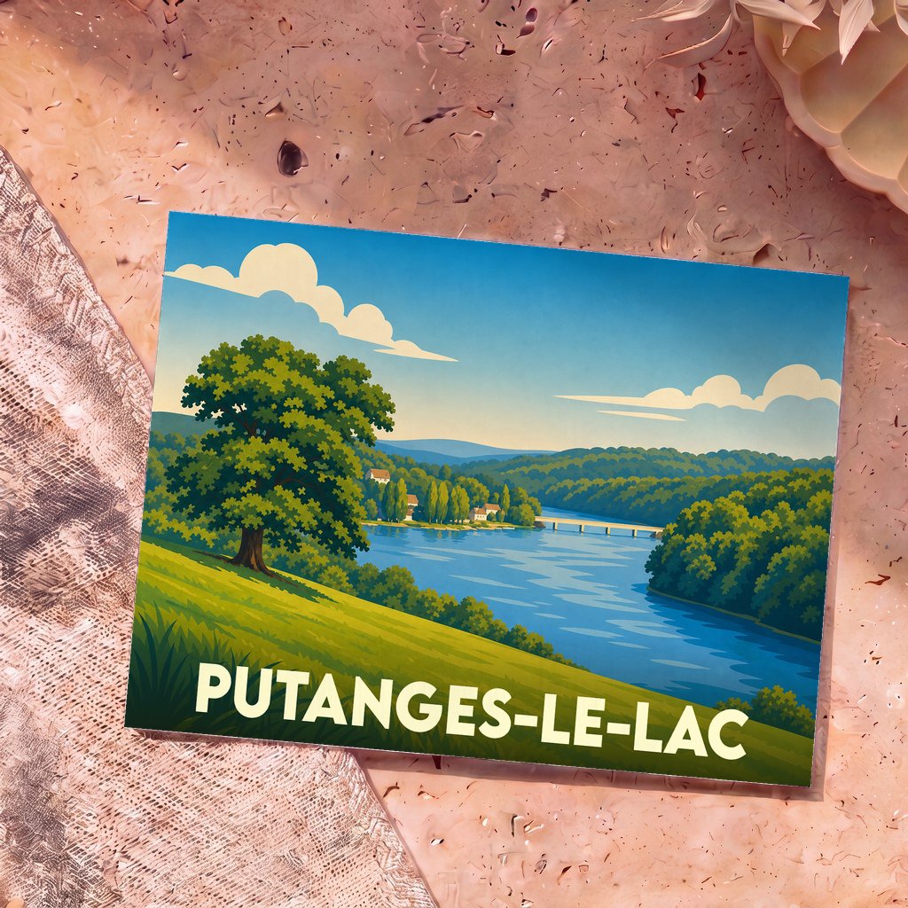 Carte postale souvenir de Putanges-le-Lac avec une illustration stylisée d'un lac bordé de collines boisées.