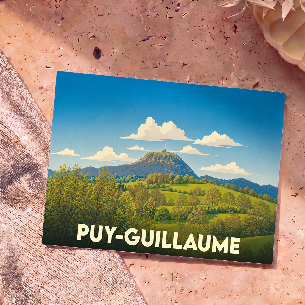 Carte postale souvenir de Puy-Guillaume illustrant une vue stylisée de la montagne et de la campagne environnante.