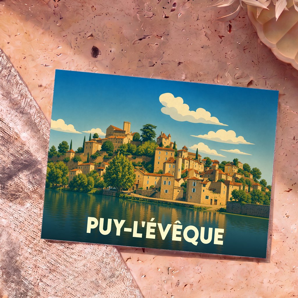 Carte postale souvenir de la ville de Puy-l'Évêque avec une illustration stylisée en bord de rivière.