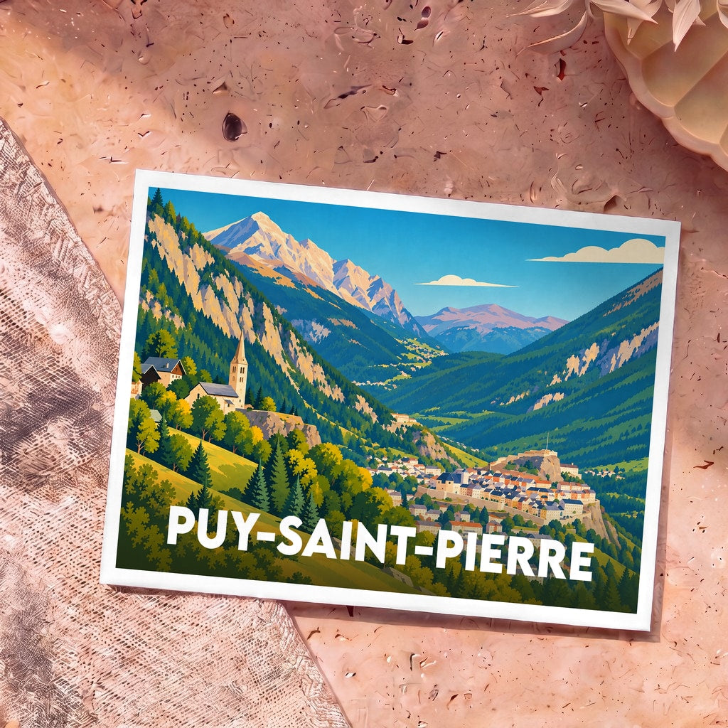 Carte postale souvenir de la ville de Puy-Saint-Pierre illustrant un paysage de montagne coloré.