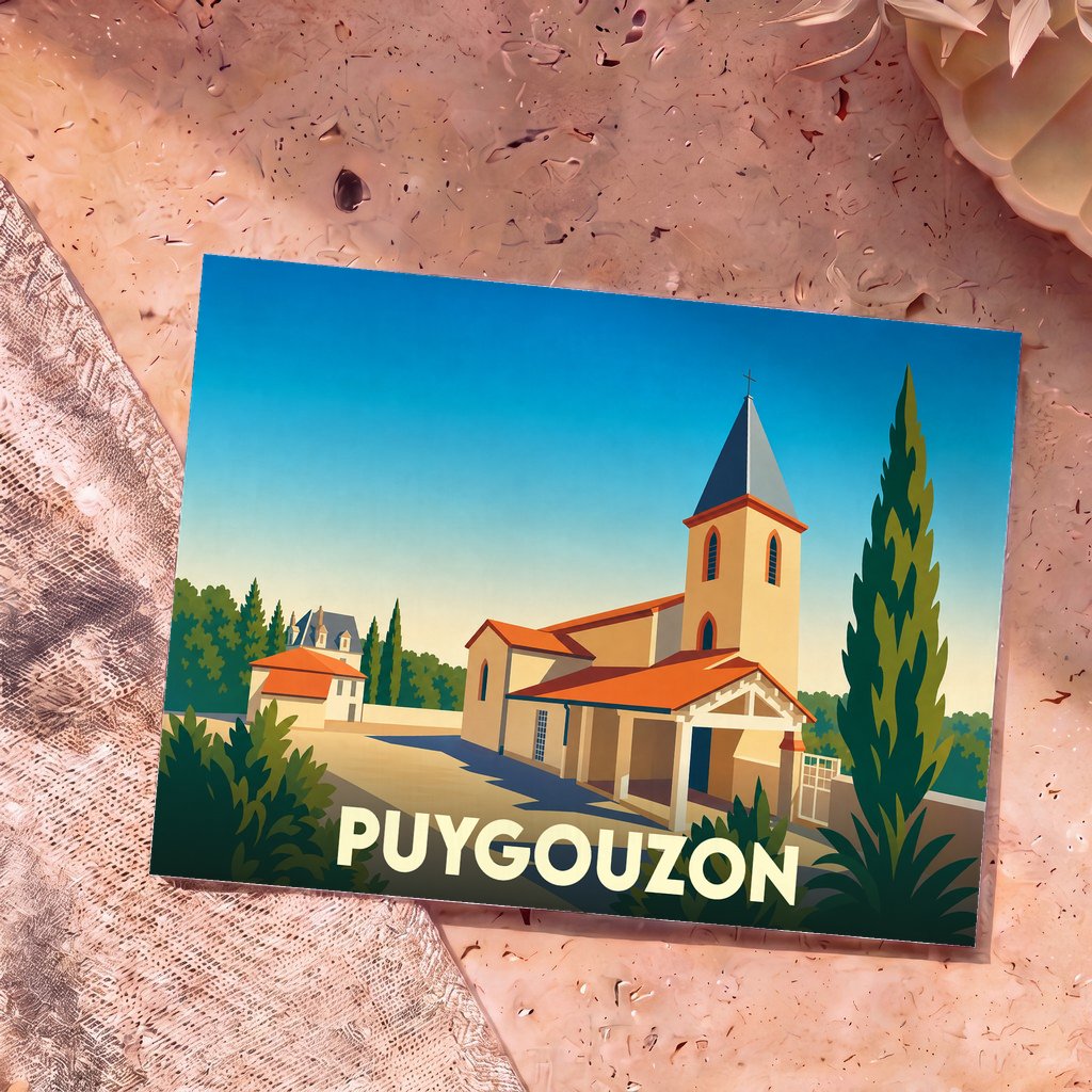Carte postale souvenir de la ville de Puygouzon avec une illustration stylisée de son église.