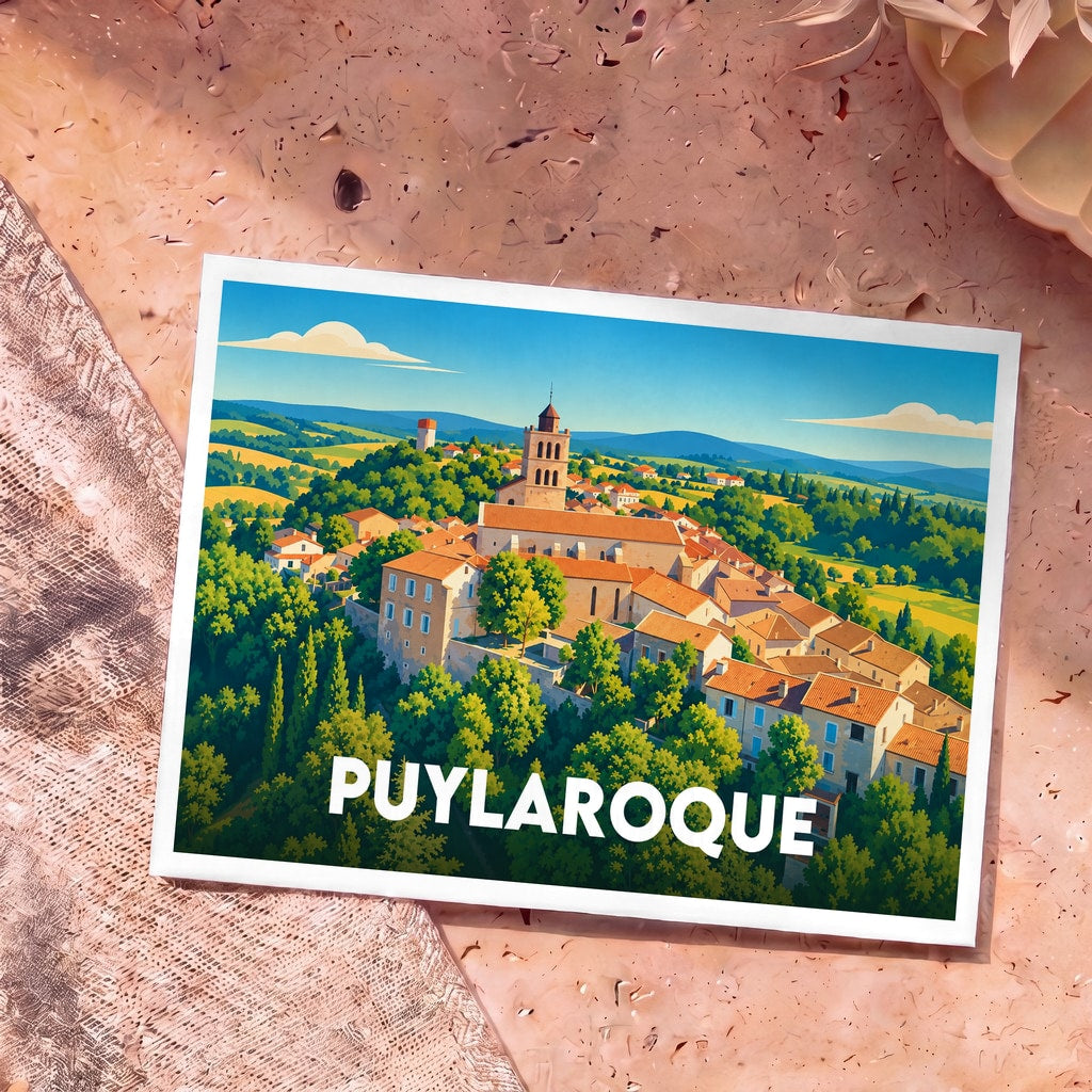 Carte postale souvenir de la ville de Puylaroque présentant une illustration stylisée du village perché.