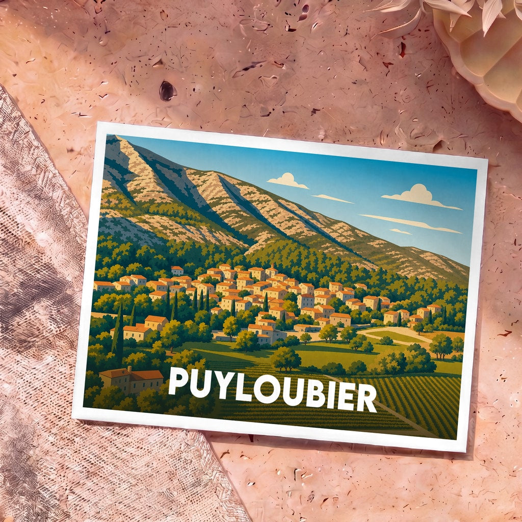 Carte postale souvenir de la ville de Puyloubier avec une illustration stylisée d'un village provençal au pied de la montagne.