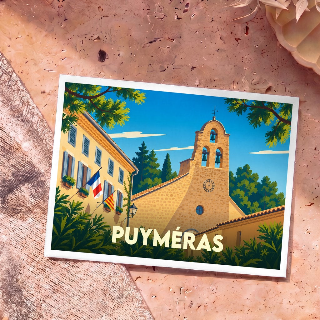 Carte postale souvenir de la ville de Puyméras avec une illustration stylisée d'une église provençale.