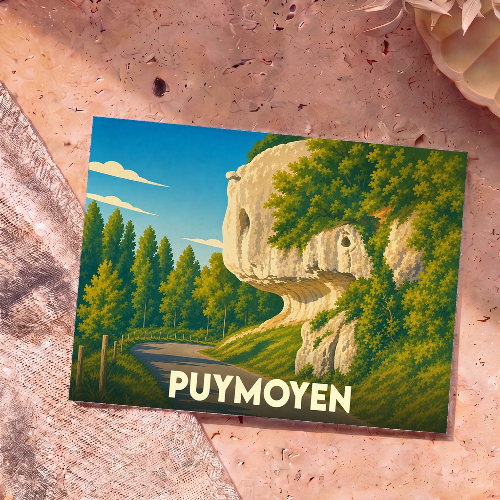 Carte postale souvenir de la ville de Puymoyen illustrant une falaise calcaire et une route forestière dans un style graphique épuré.
