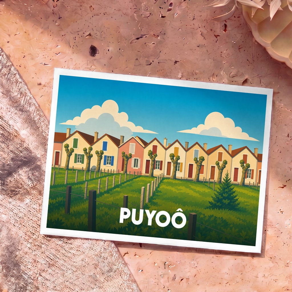 Carte postale souvenir de la ville de Puyoô avec une illustration stylisée de maisons colorées et de collines verdoyantes.