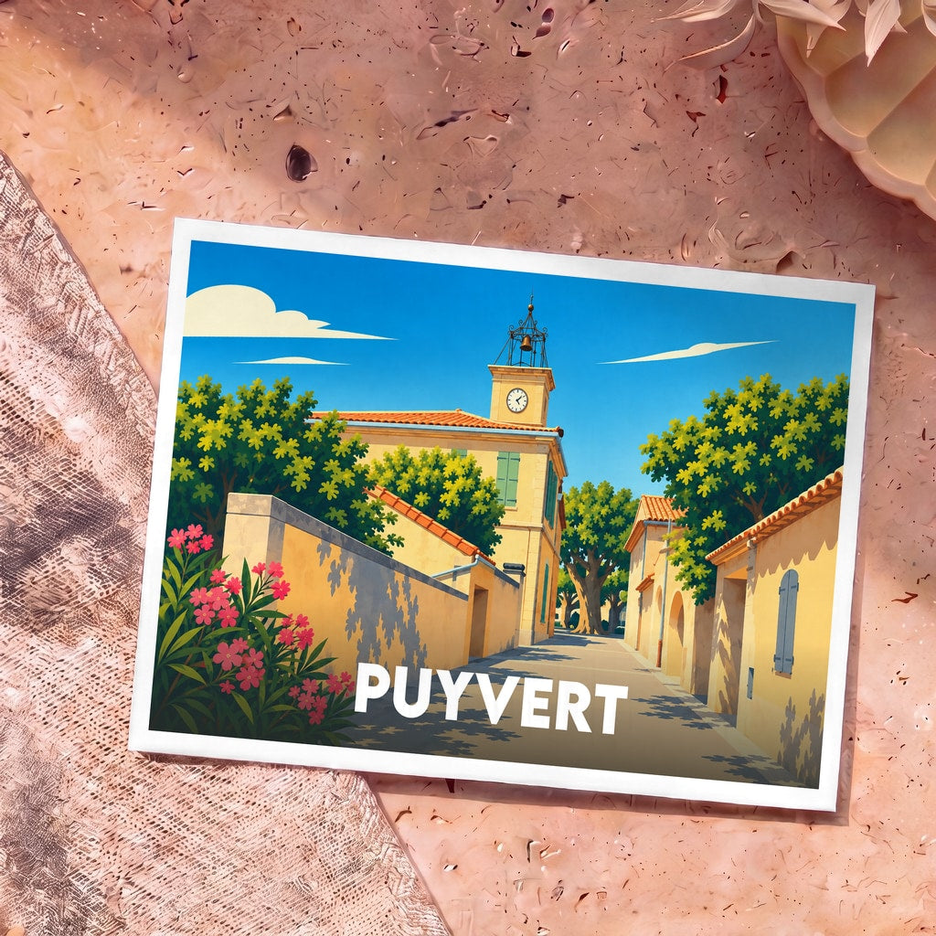 Carte postale souvenir de la ville de Puyvert avec une illustration stylisée d'une rue ensoleillée.