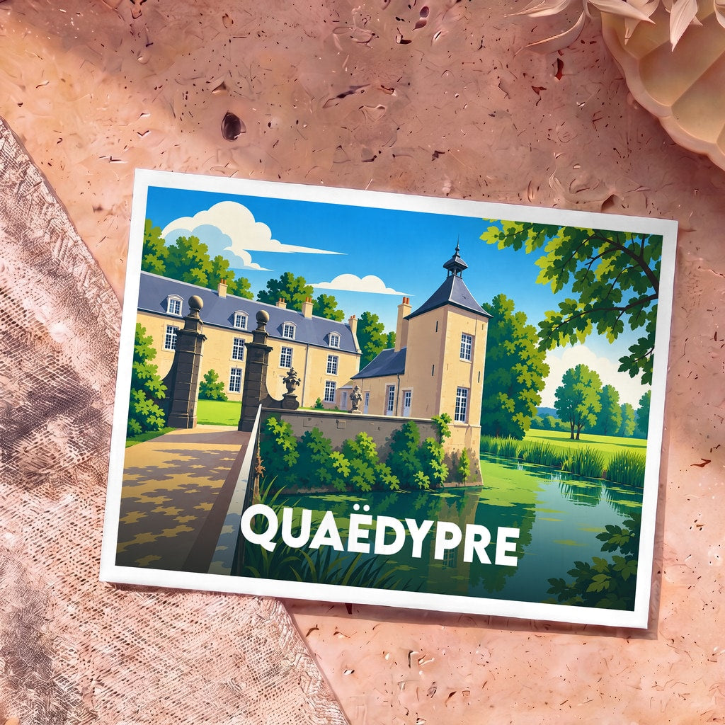 Carte postale souvenir de la ville de Quaëdypre avec une illustration stylisée d'un manoir au bord de l'eau.