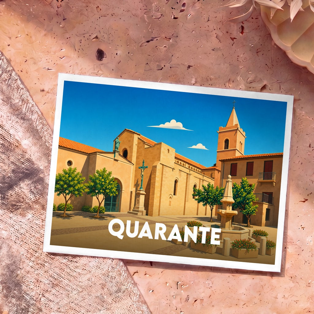 Carte postale souvenir de la ville de Quarante avec une illustration stylisée de son église et d'une fontaine.