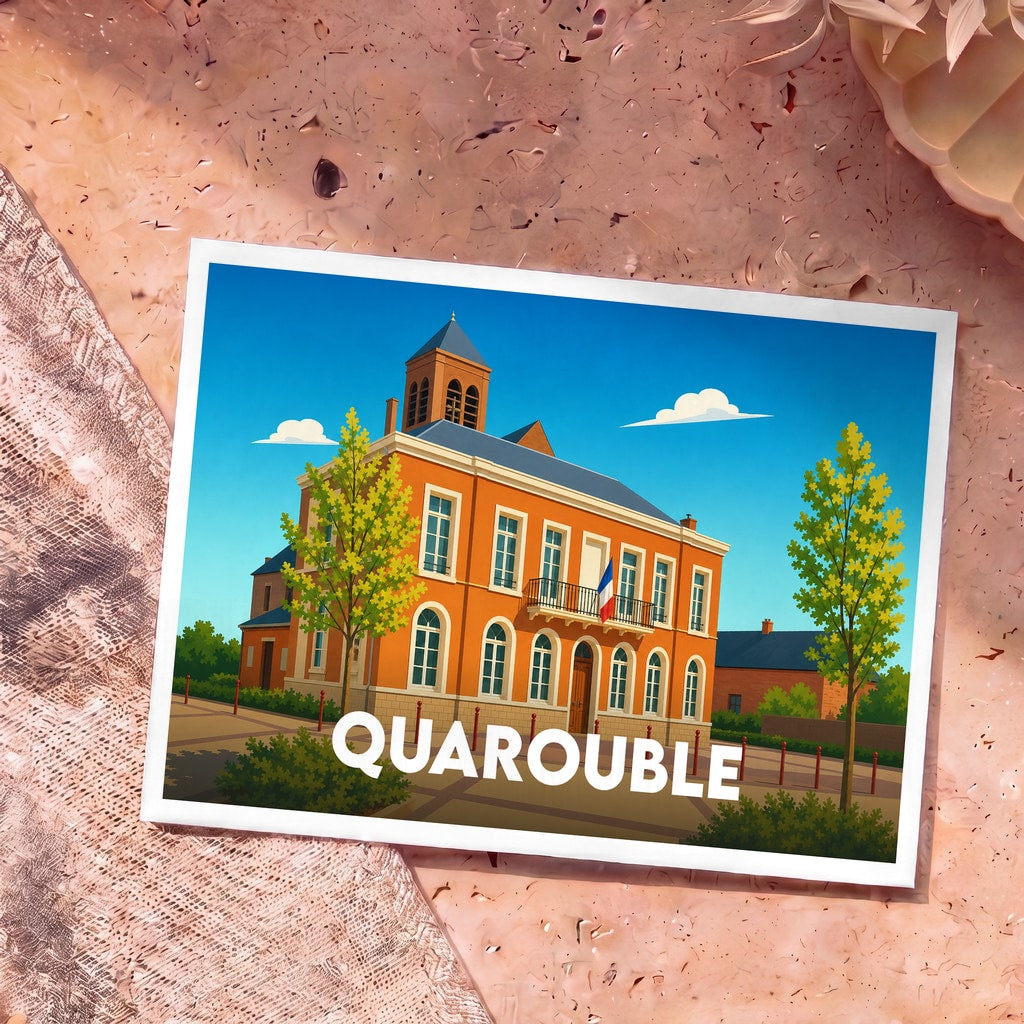 Carte postale souvenir de la ville de Quarouble avec une illustration stylisée de son hôtel de ville.
