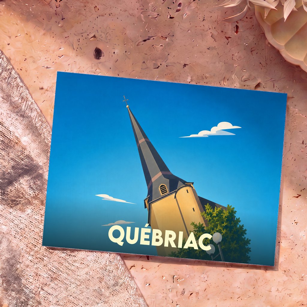 Carte postale souvenir de la ville de Québriac illustrant son église avec un style graphique épuré.
