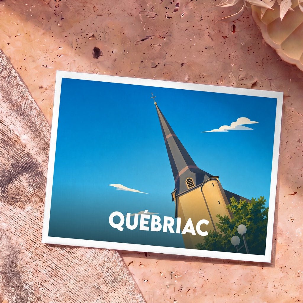 Carte postale souvenir de la ville de Québriac illustrant son église avec un style graphique épuré.