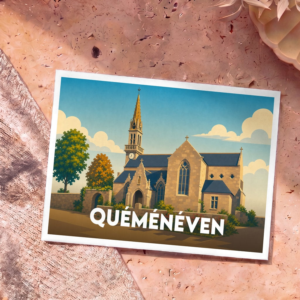 Carte postale souvenir de la ville de Quéménéven illustrant son église dans un style graphique et épuré.