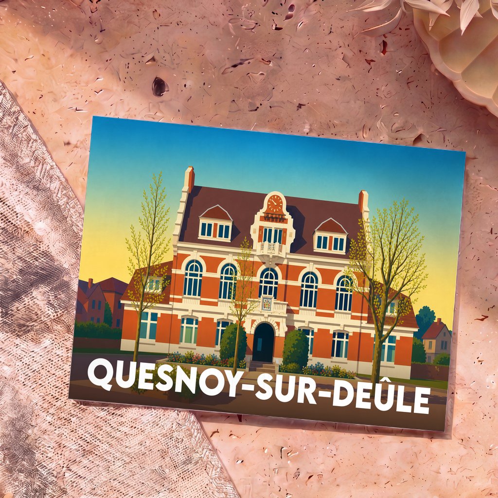Carte postale souvenir de la ville de Quesnoy-sur-Deûle avec une illustration stylisée de son hôtel de ville.