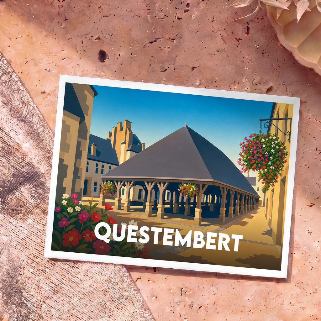 Carte postale souvenir de la ville de Questembert illustrant ses halles historiques dans un style graphique épuré.