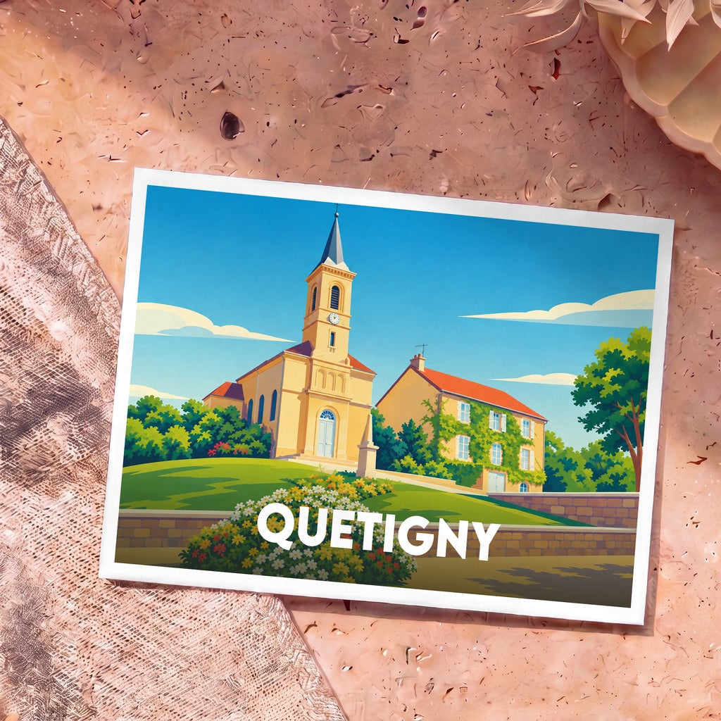 Carte postale souvenir de la ville de Quetigny avec une illustration stylisée de son église et d'une maison fleurie.