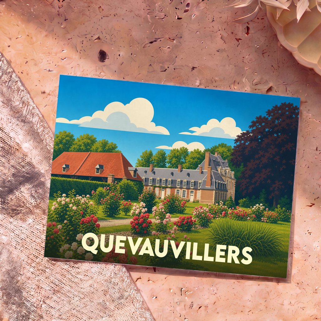 Carte postale souvenir de la ville de Quevauvillers avec une illustration stylisée de son château et de ses jardins.