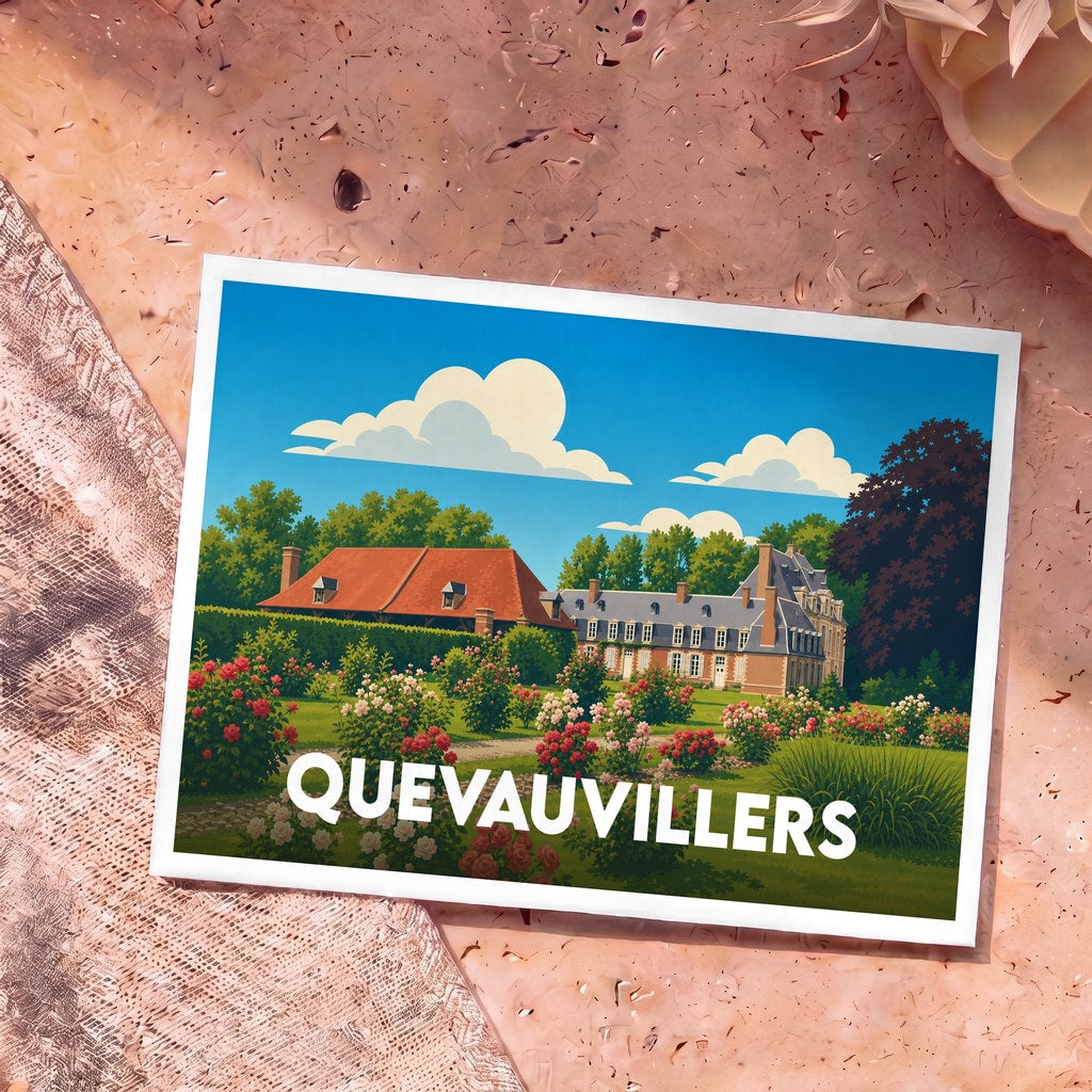 Carte postale souvenir de la ville de Quevauvillers avec une illustration stylisée de son château et de ses jardins.
