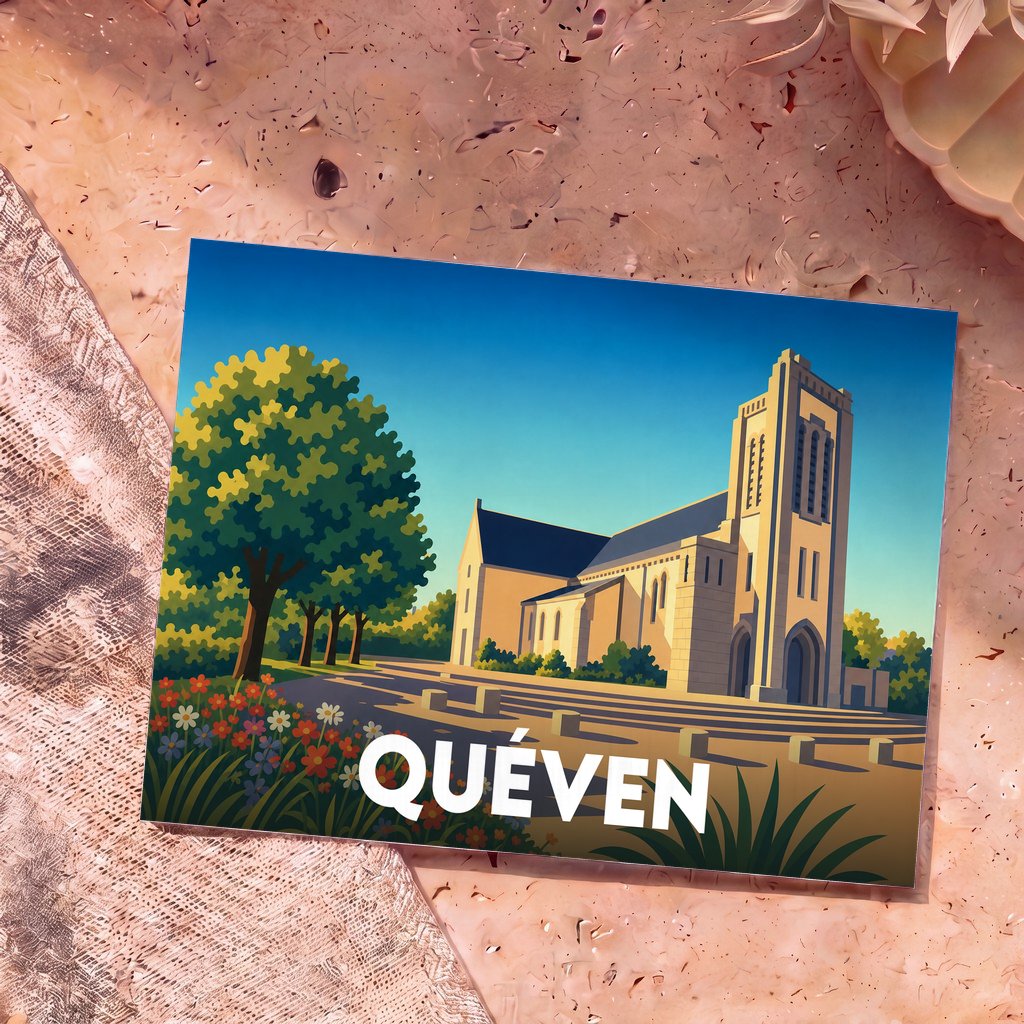 Carte postale souvenir de la ville de Quéven avec une illustration stylisée de son église et de sa place arborée.