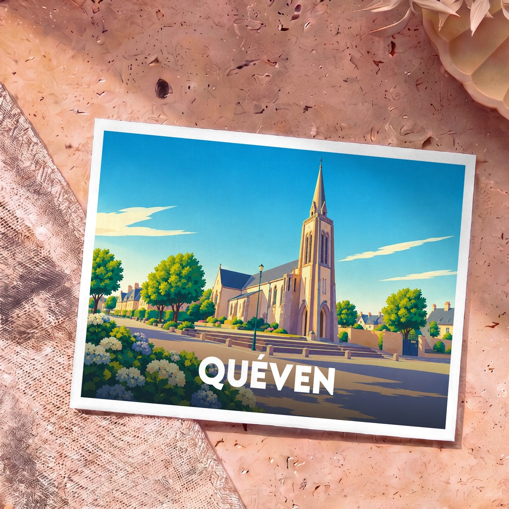 Carte postale souvenir de la ville de Quéven avec une illustration stylisée de son église et de ses jardins.