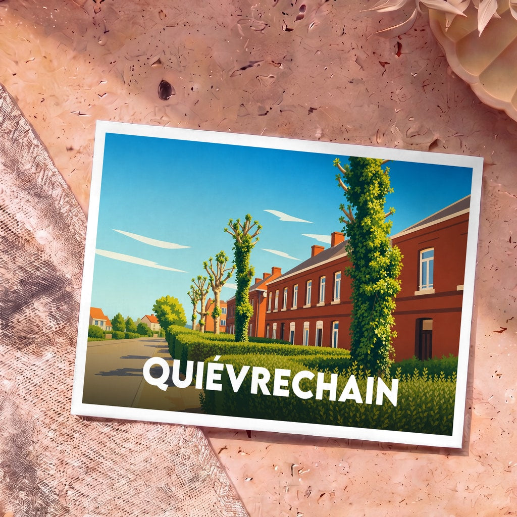 Carte postale souvenir de la ville de Quiévrechain avec une illustration stylisée d'une rue bordée de maisons en briques et de haies.