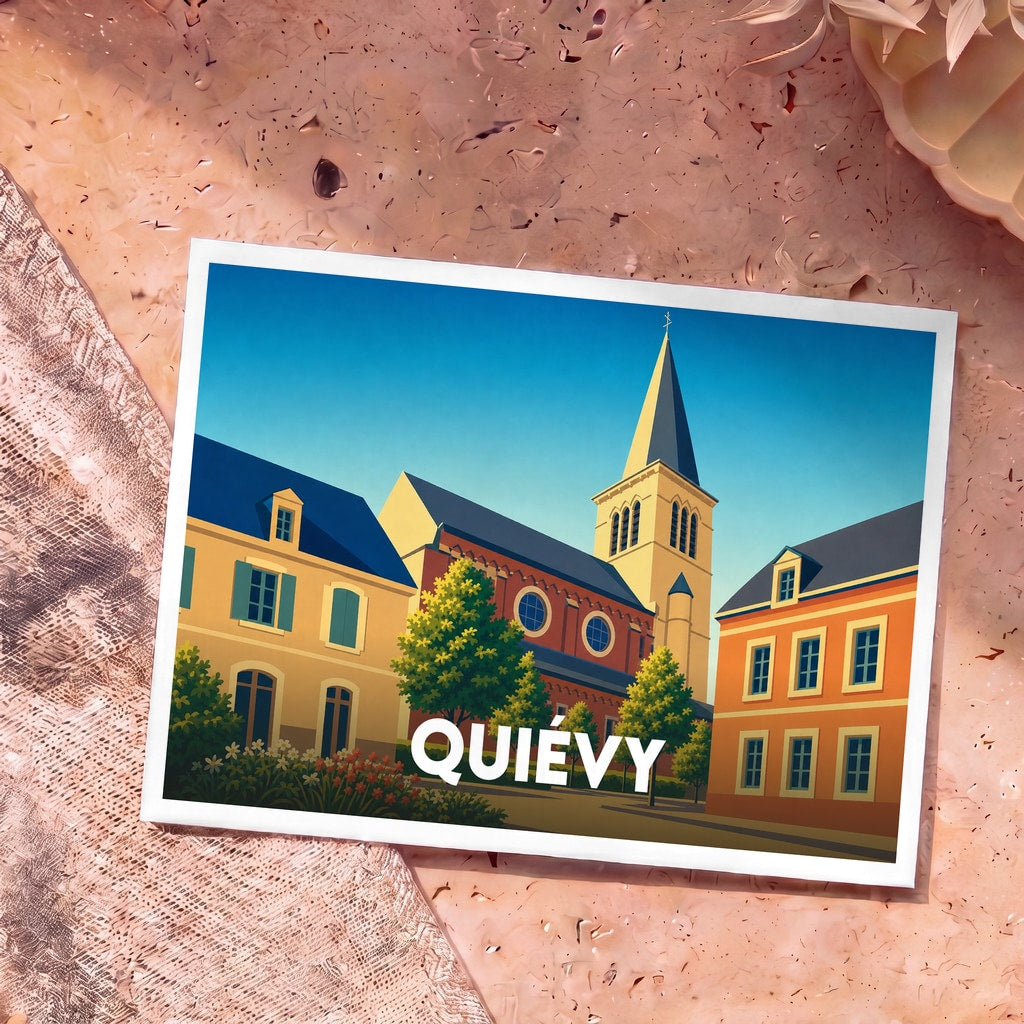 Carte postale souvenir de la ville de Quiévy présentant une illustration stylisée de son église et de ses maisons colorées.