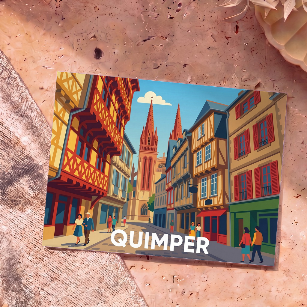 Carte postale souvenir de la ville de Quimper illustrant ses maisons à colombages et sa cathédrale dans un style coloré.