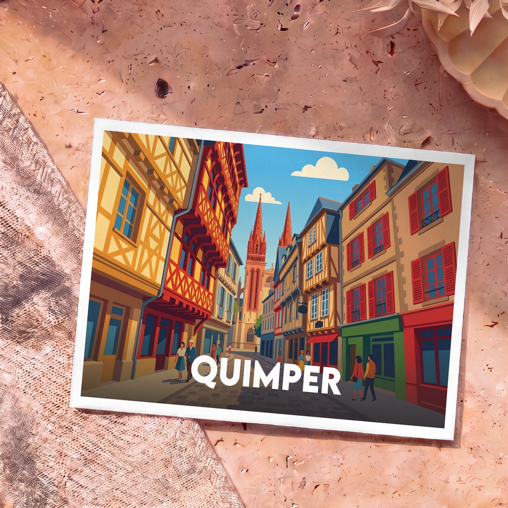 Carte postale souvenir de la ville de Quimper illustrant ses maisons à colombages et sa cathédrale dans un style coloré.