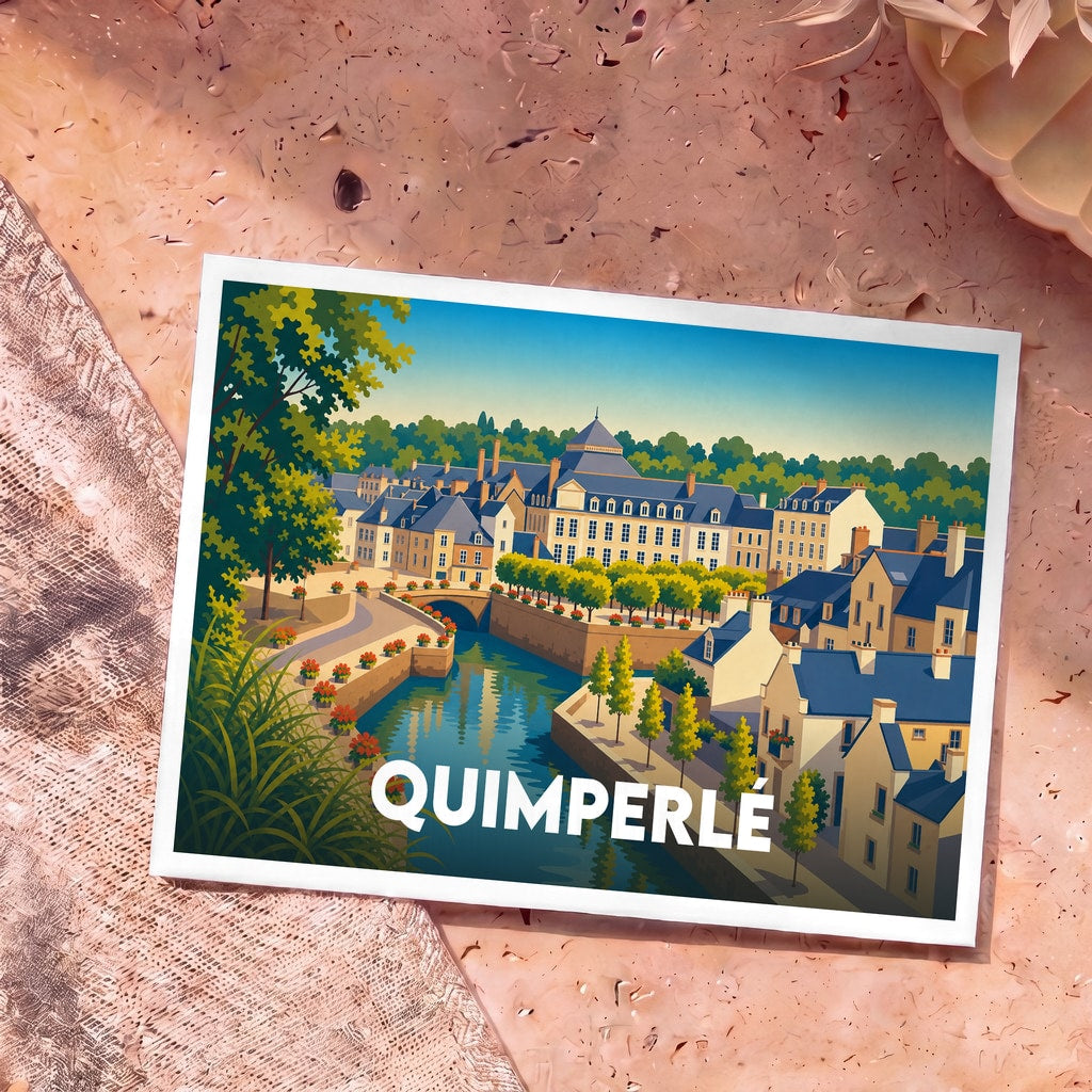 Carte postale souvenir de la ville de Quimperlé avec une illustration stylisée et colorée de ses quais.