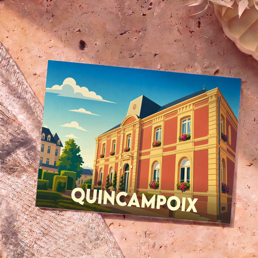 Carte postale souvenir de la ville de Quincampoix illustrant sa mairie dans un style graphique coloré.