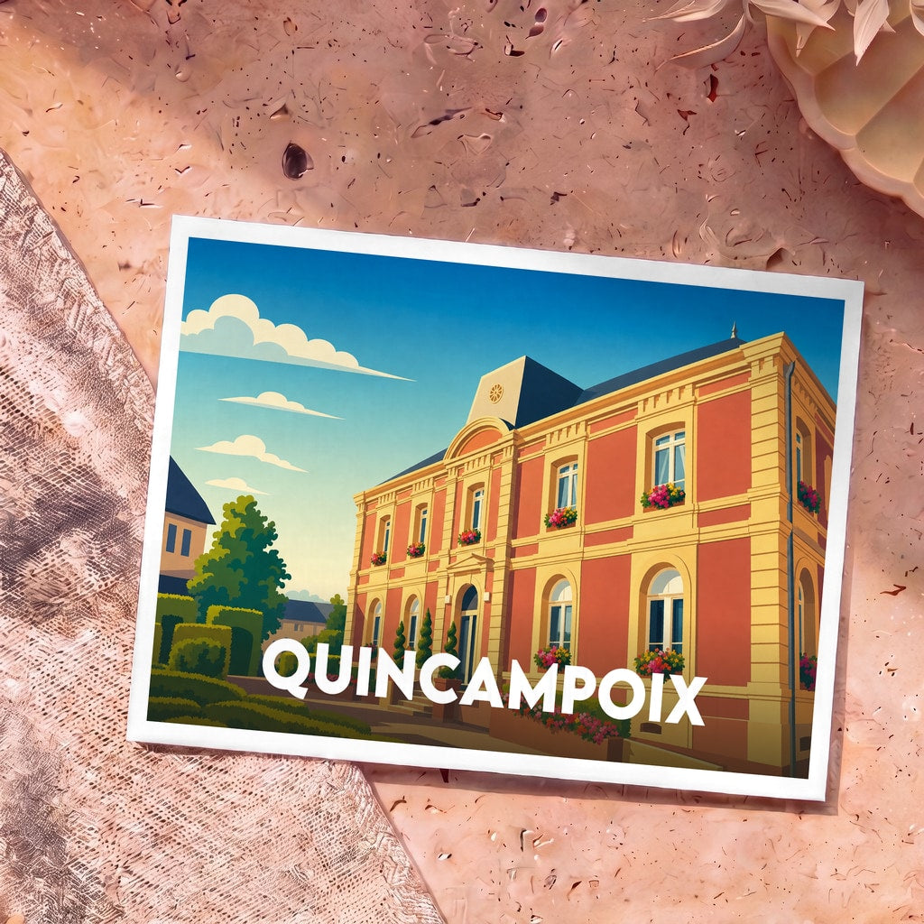 Carte postale souvenir de la ville de Quincampoix illustrant sa mairie dans un style graphique coloré.