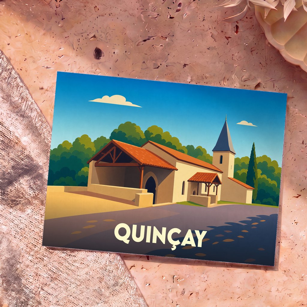 Carte postale souvenir de la ville de Quinçay avec une illustration stylisée de son église.