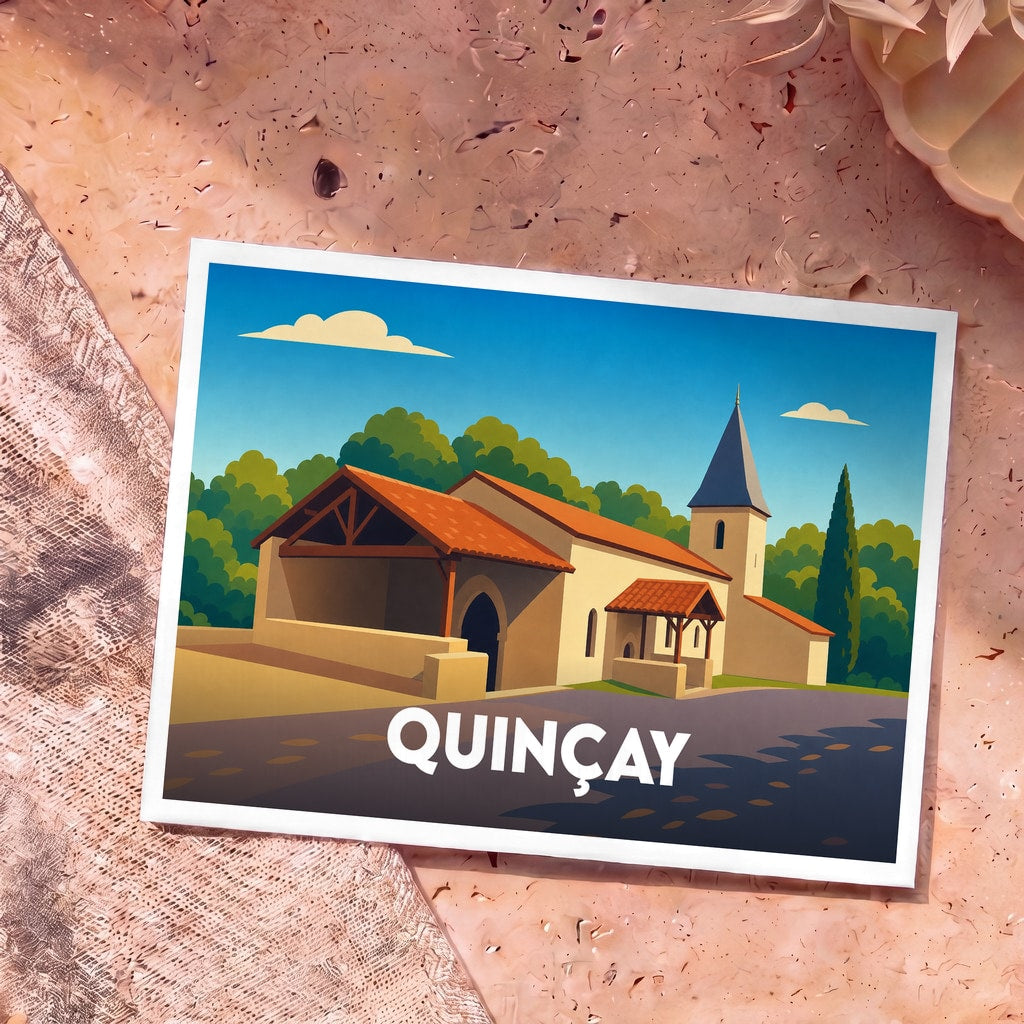 Carte postale souvenir de la ville de Quinçay avec une illustration stylisée de son église.