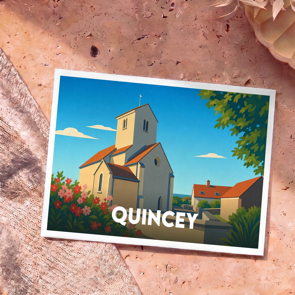 Carte postale souvenir de la ville de Quincey avec une illustration stylisée de son église sous un ciel bleu.