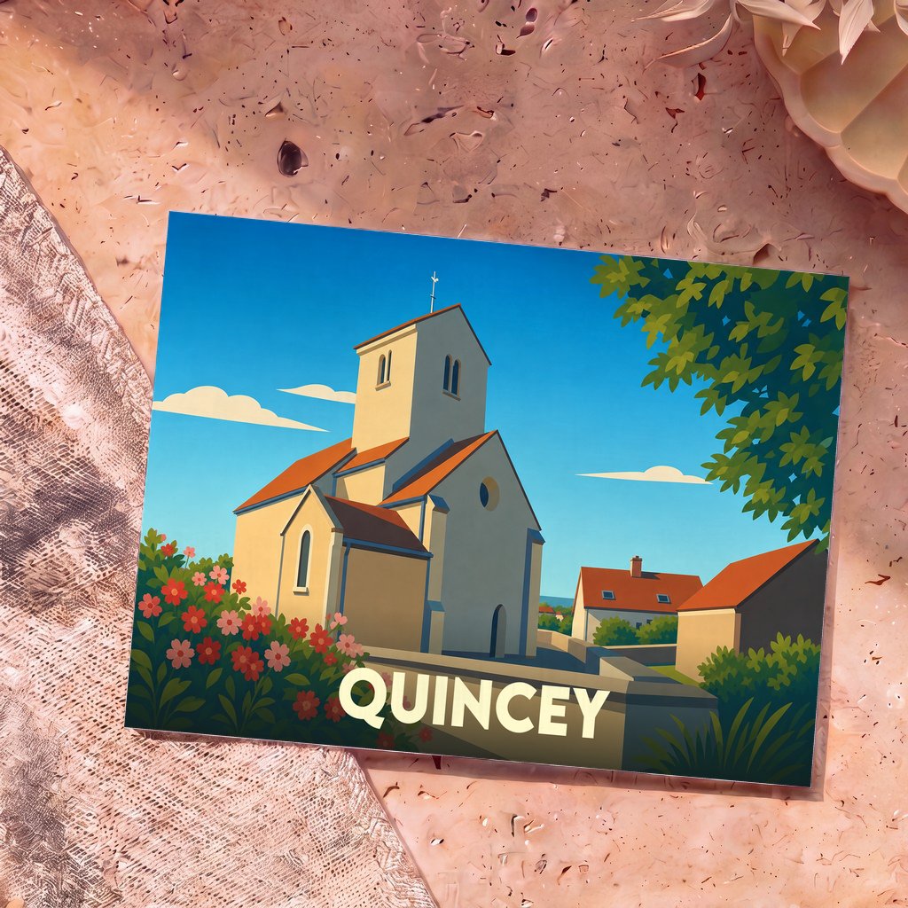 Carte postale souvenir de la ville de Quincey avec une illustration stylisée de son église sous un ciel bleu.