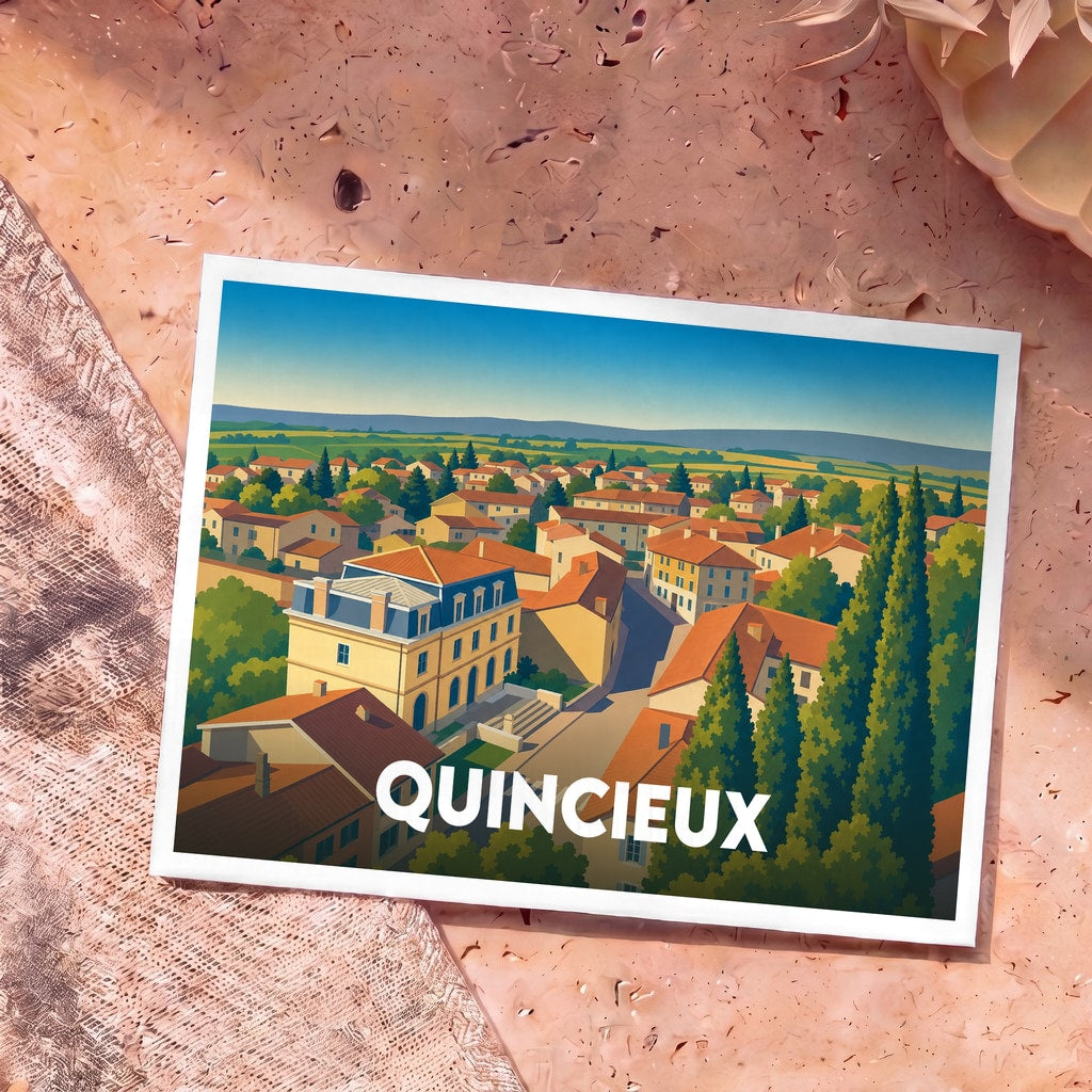 Carte postale souvenir de la ville de Quincieux avec une illustration stylisée et colorée de ses maisons.