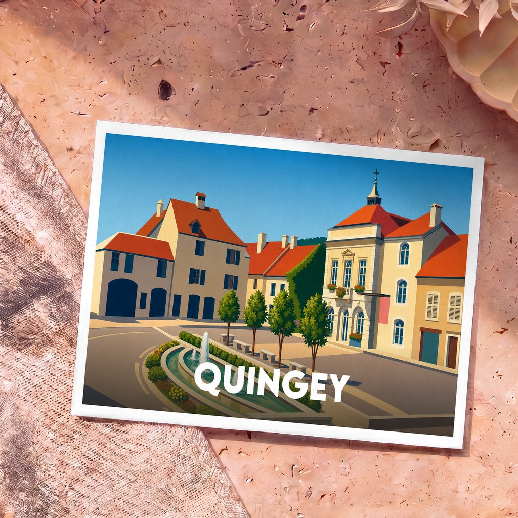 Carte postale souvenir de la ville de Quingey avec une illustration stylisée de sa place principale.