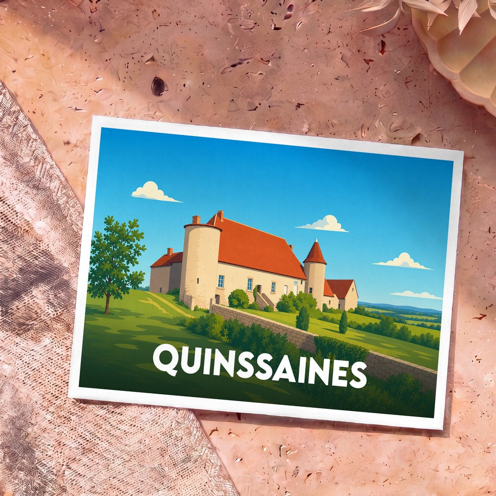 Carte postale souvenir de la ville de Quinssaines illustrée d'un château stylisé sous un ciel bleu.