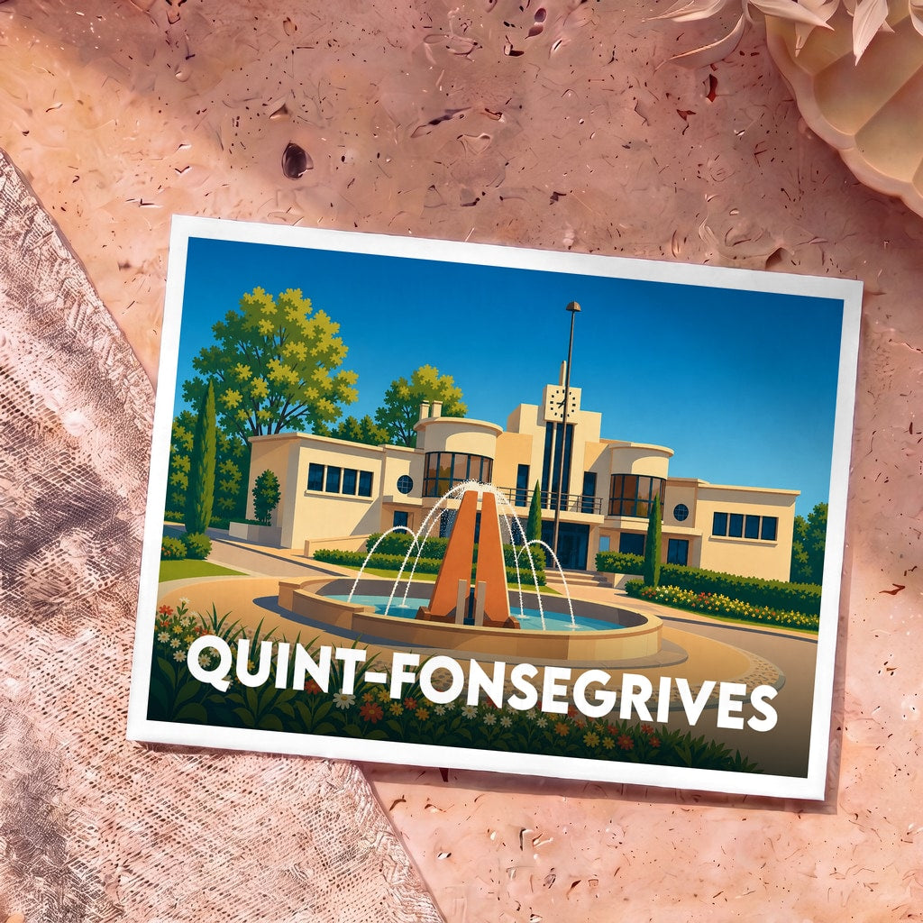 Carte postale souvenir de la ville de Quint-Fonsegrives avec une illustration stylisée de sa mairie et de sa fontaine.