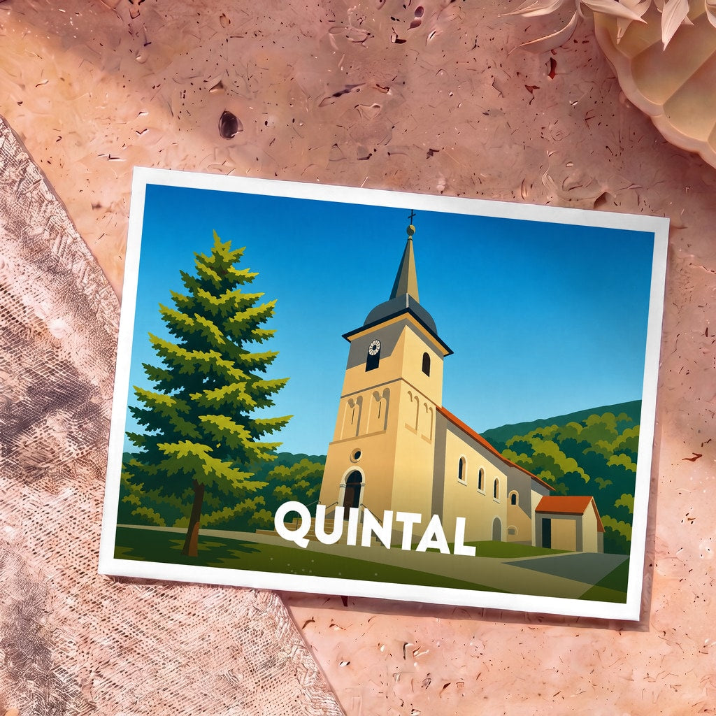 Carte postale souvenir de la ville de Quintal avec une illustration stylisée de son église.